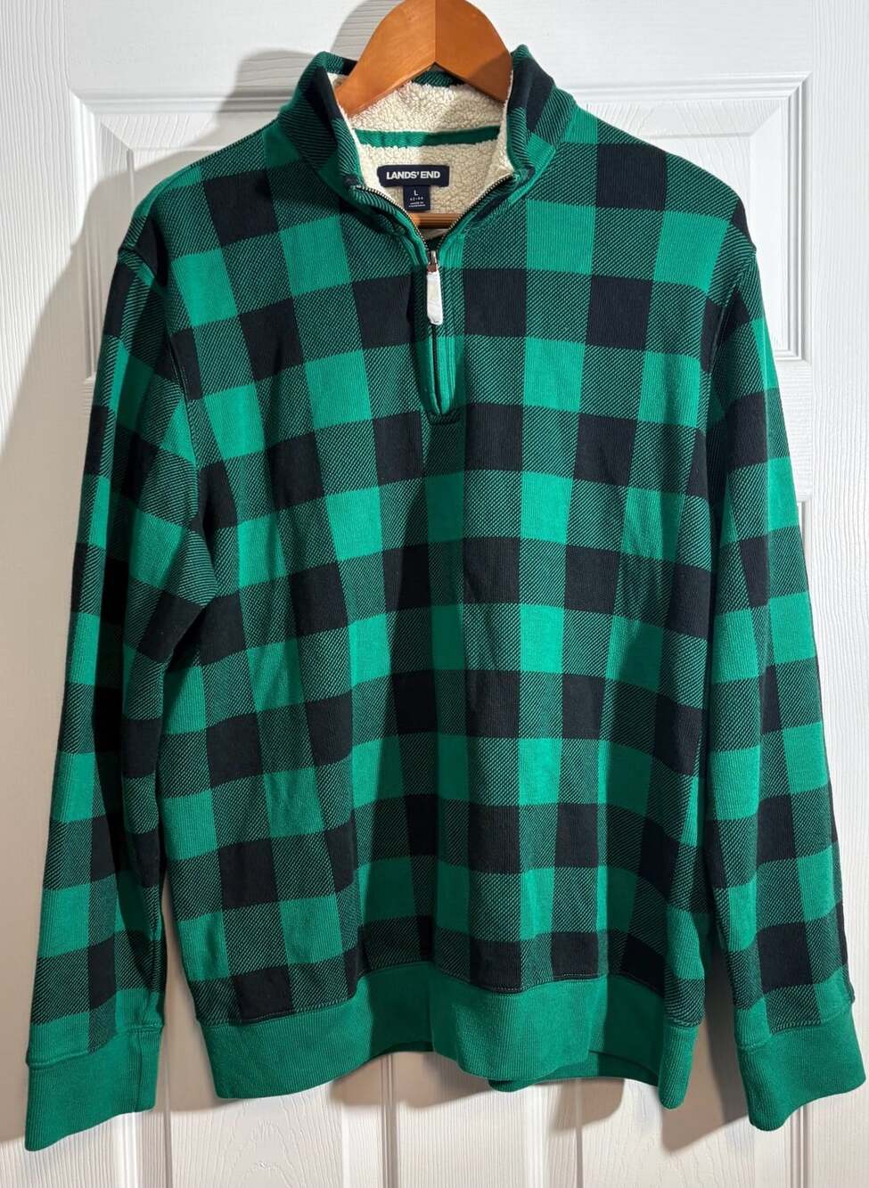 Lands' End Half Zip Pullover Size L Green Black Buffalo Plaid Fleece